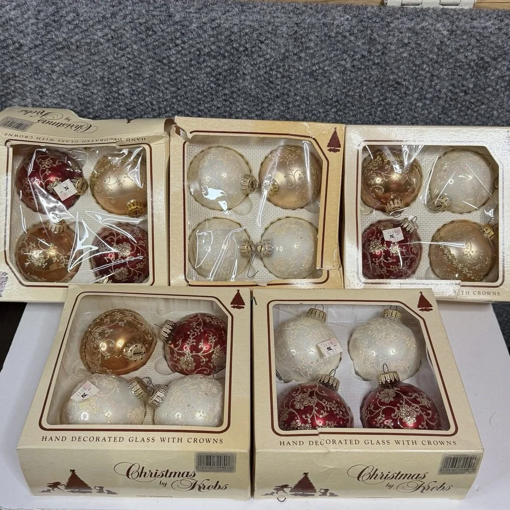 20 Vintage Christmas by Krebs Glass Ornaments Red Gold Cream Glitter Floral Lot